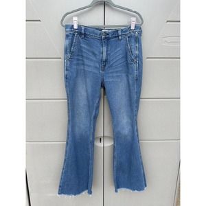 Free People Womens Flare Blue Jeans Raw Hem High Rise Flap Pockets Size 31x31